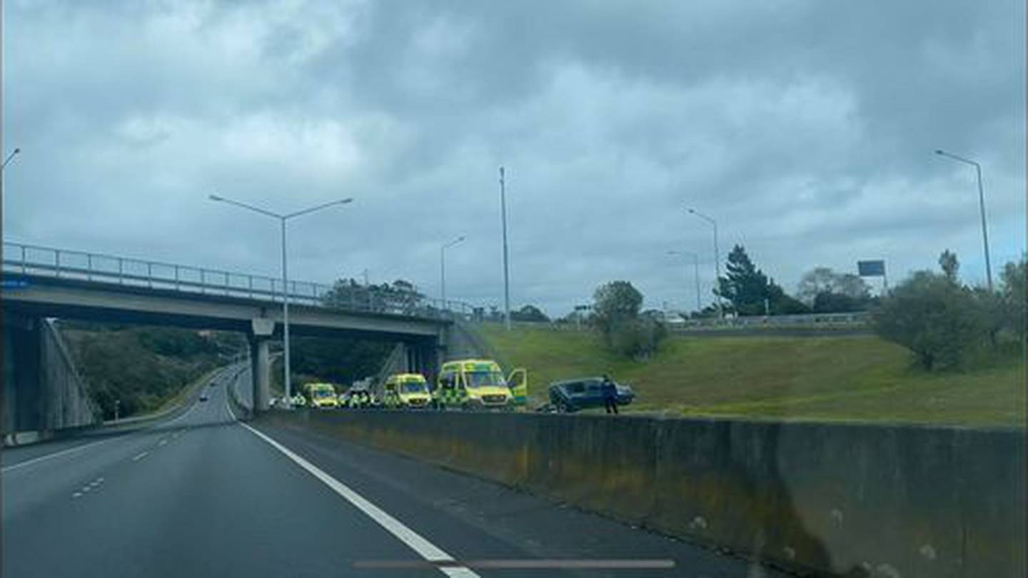 Emergency services at the scene on SH18 near Greenhithe. Photo: NZ Herald