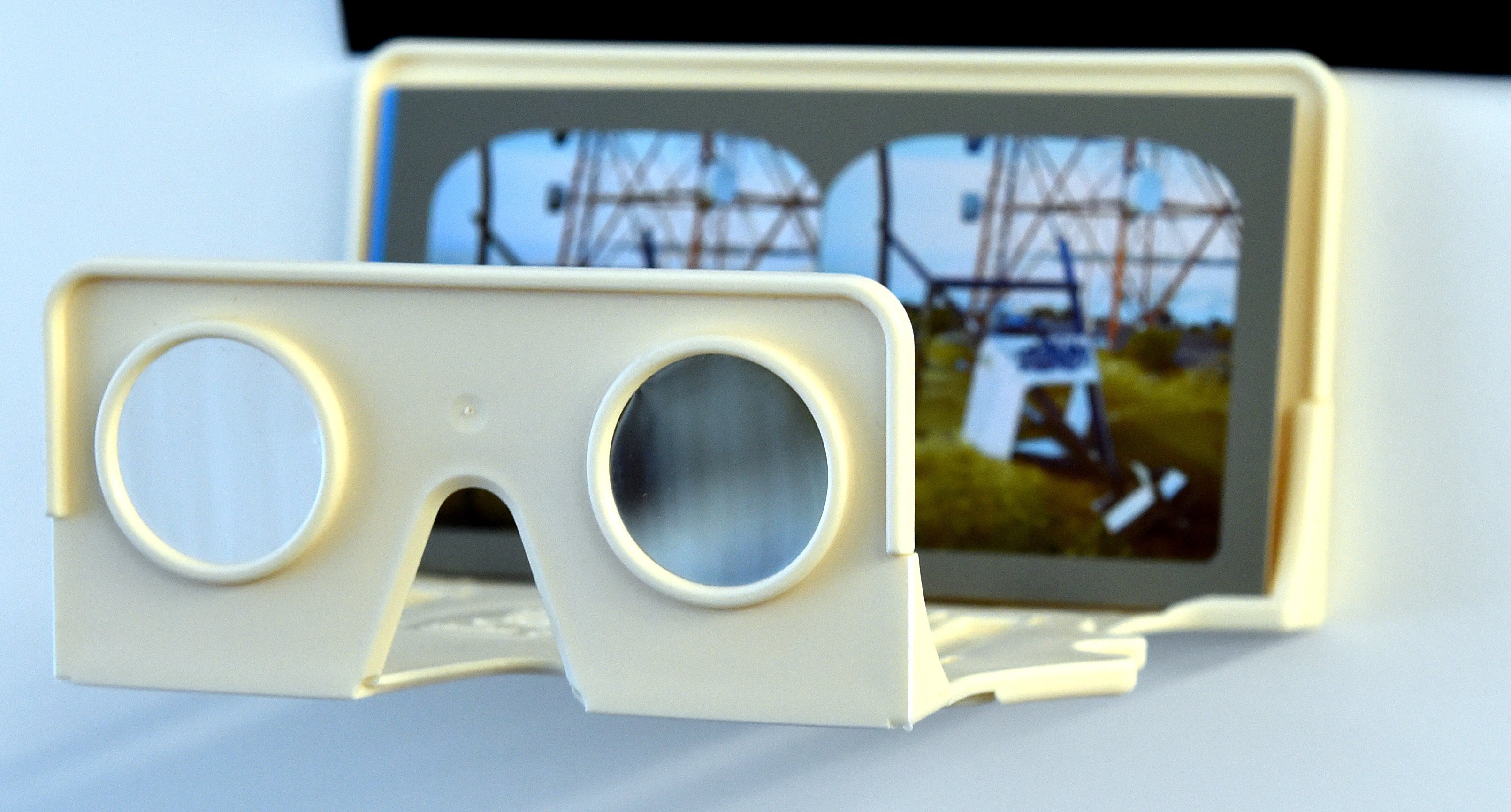 A trig station Reweti photographed using a stereoscopic camera, that is viewed through glasses.