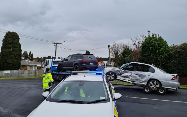 Damaged vehicles after the incident in Papakura today. Photo: RNZ