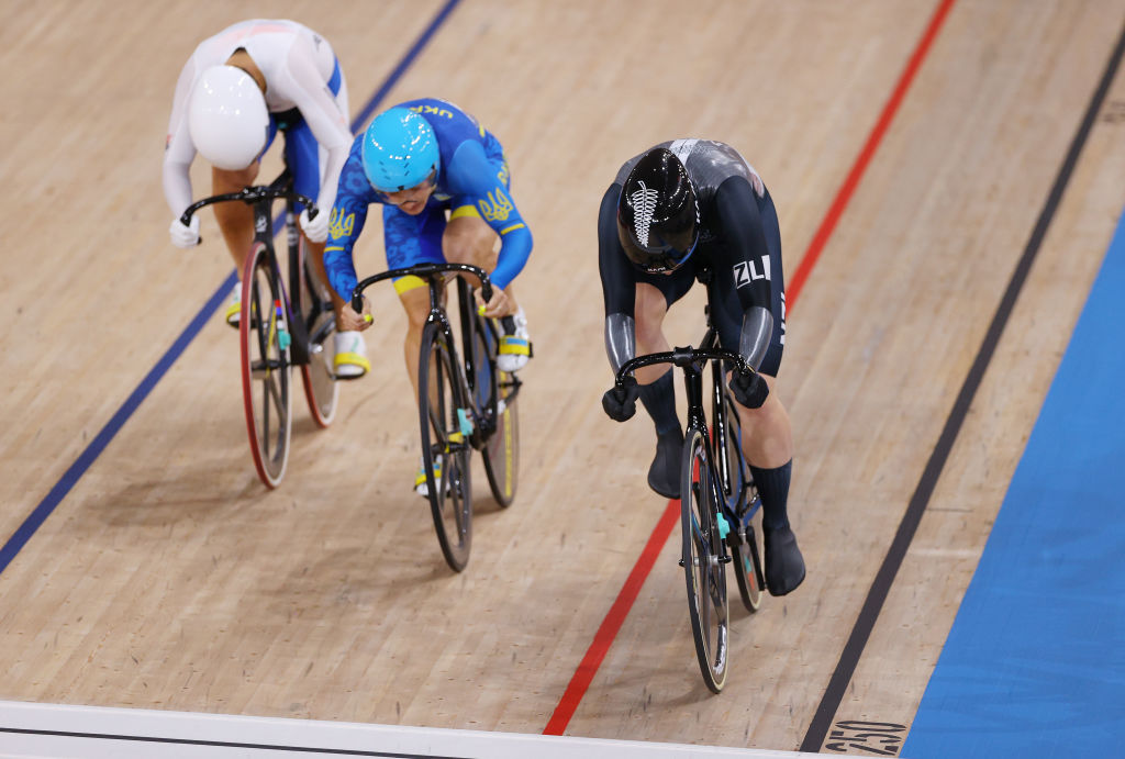 Ellesse Andrews crosses the finishing line first during heat 1 of the women's Keirin repechages....