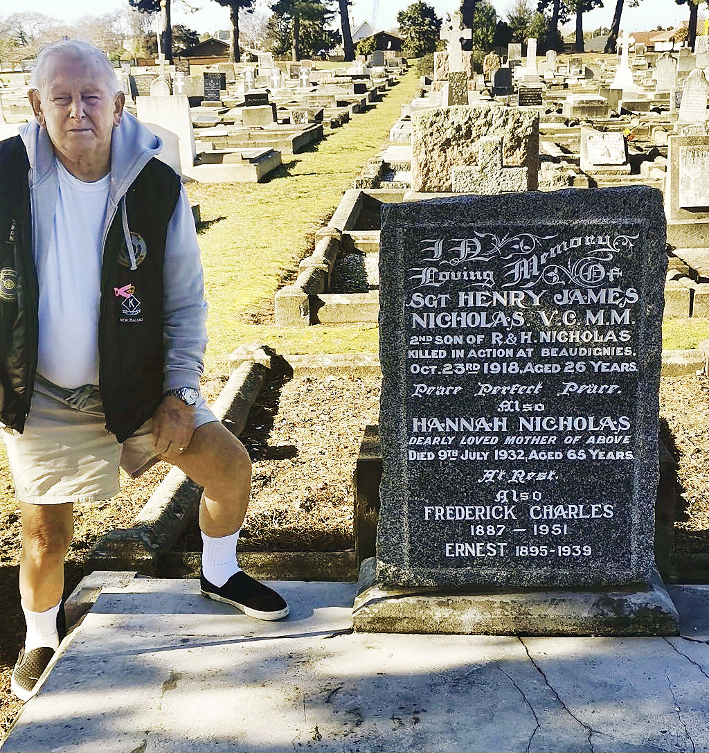 Ken Wright next to the memorial to Sergeant Henry Nicholas, Canterbury’s first Victoria Cross...