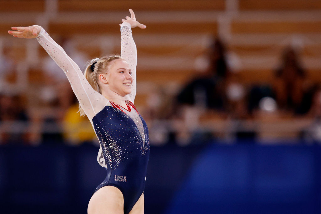 Jade Carey of the United States reacts after completing her gold medal-winning floor exercise routine. Photo: Getty Images