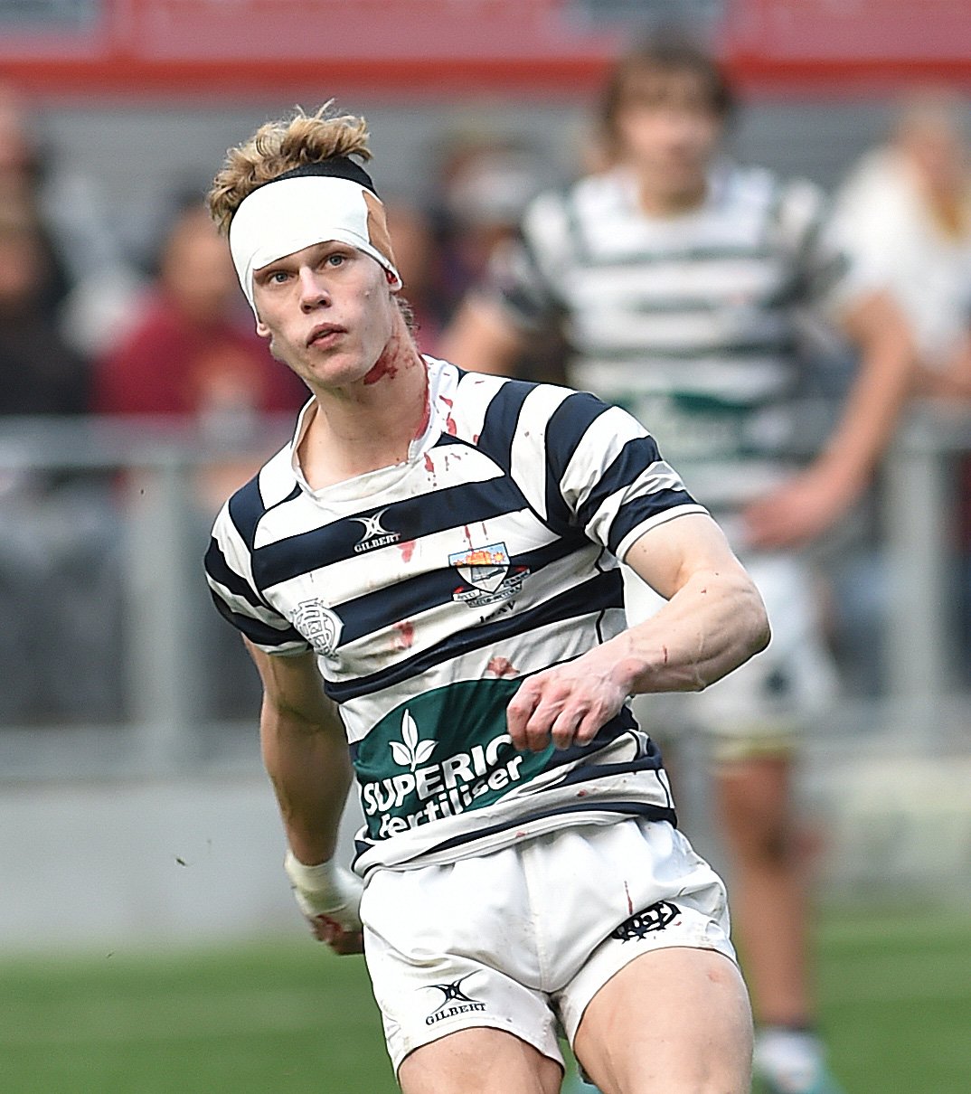 Otago Boys’ first five Finn Hurley kicks a goal against Southland Boys’ in the Otago premier...