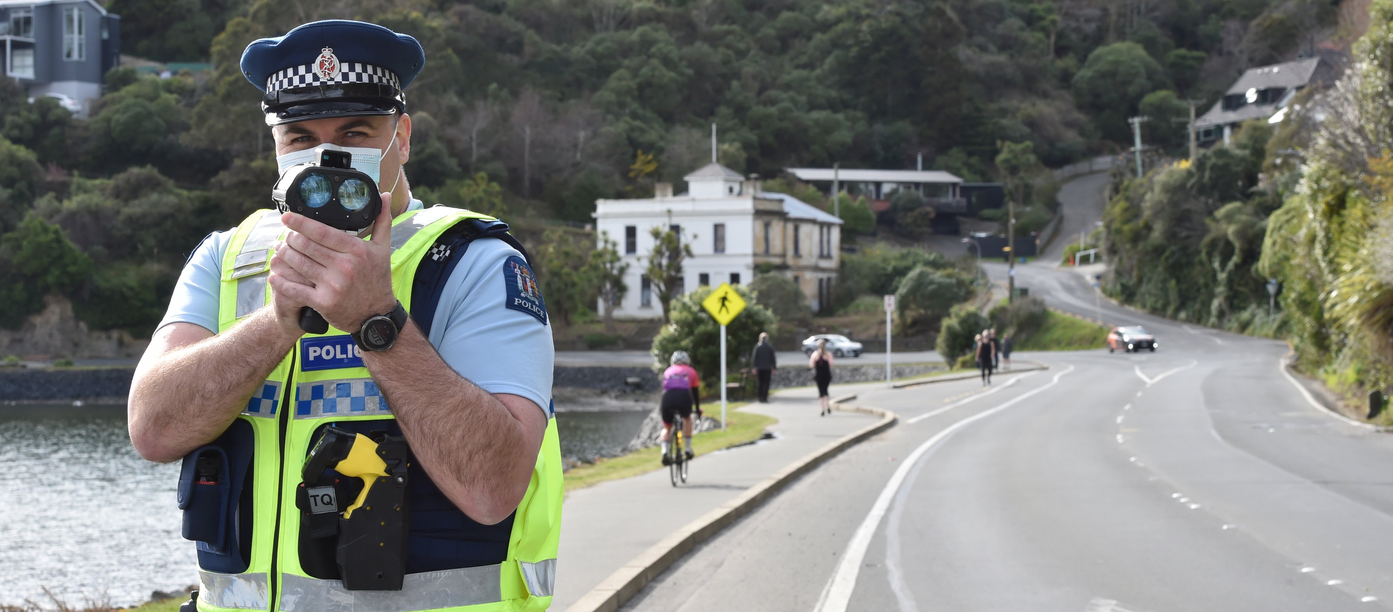Acting Sergeant Tim Coudret, of Dunedin, carries out a speed spot-check in Vauxhall on Thursday...