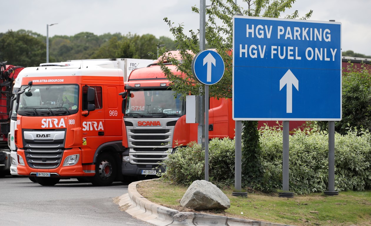 Trucks at an HGV parking area at Cobham services on the M25 motorway in England. Photo: Reuters