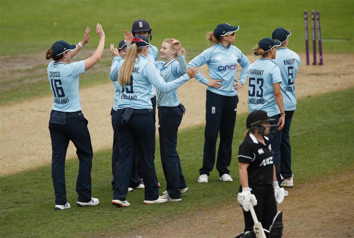 England players celebrate the dismissal of New Zealand's Brooke Halliday. Photo: Action Images...