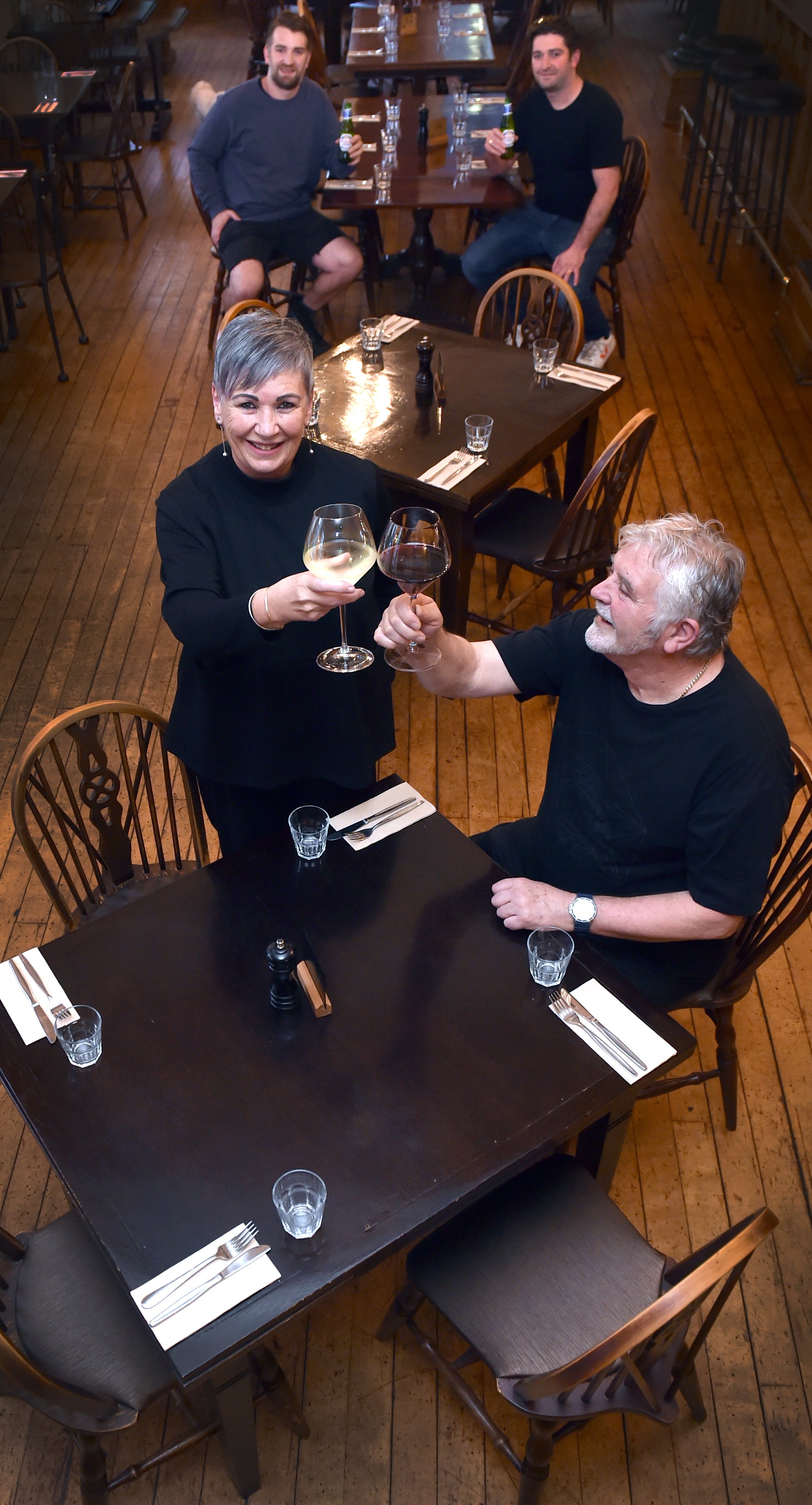 Ready to open after weeks of lockdown are Etrusco owners (clockwise from front left) Meegan, Zane...