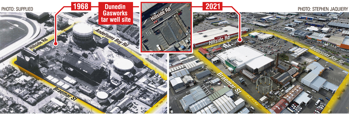 Past (left) and present aerial photographs show the location of a underground tar well  in...