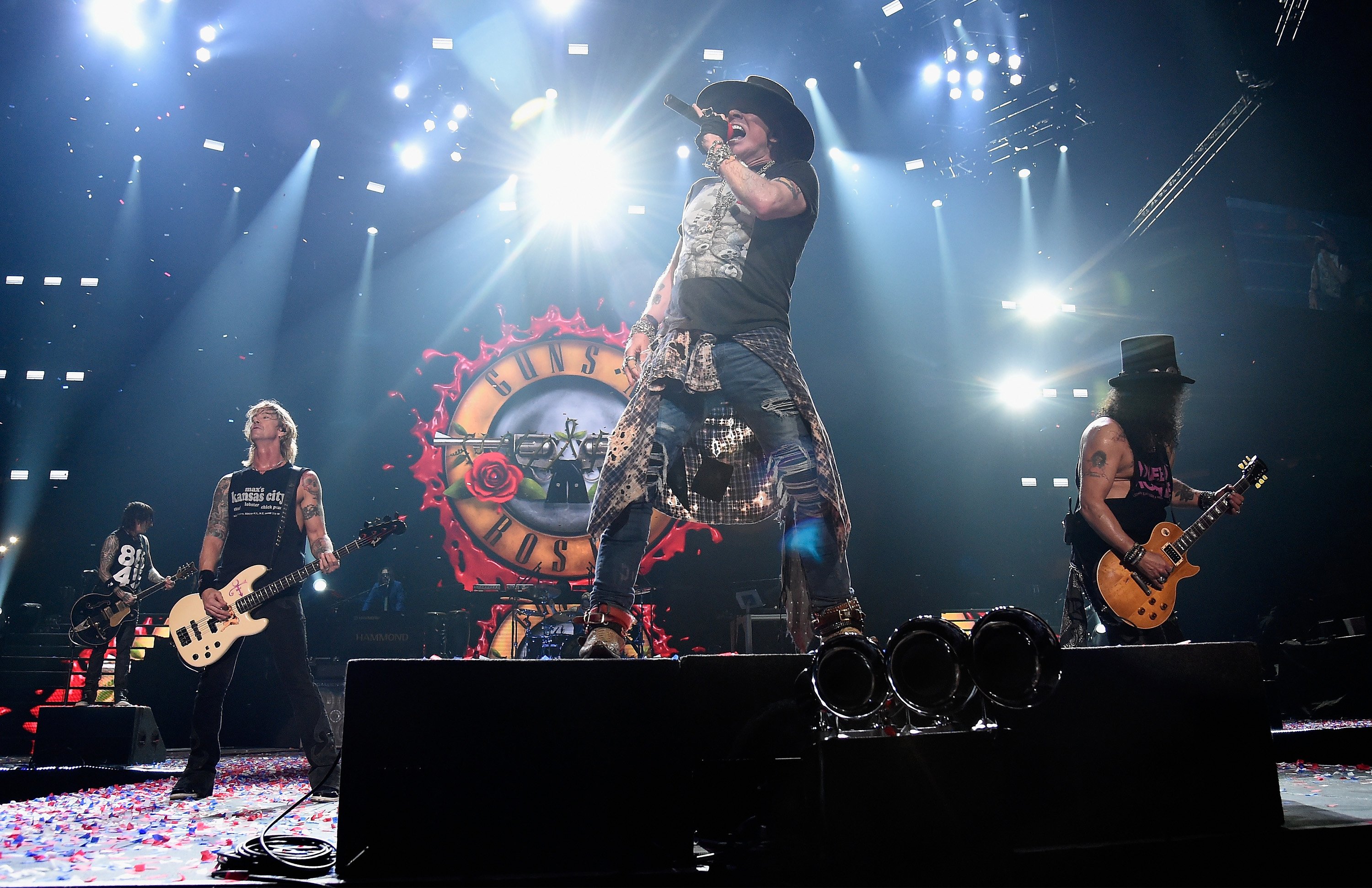 Ready to bring the noise to Forsyth Barr Stadium are Guns n’ Roses band members (from left) Duff...