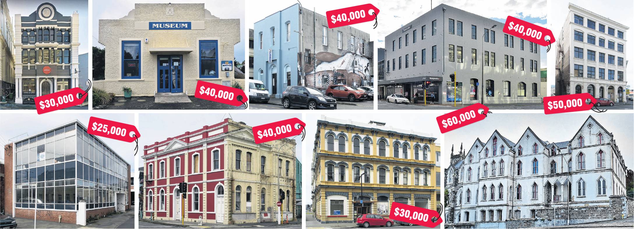 Top row, from left: Taimex Building, Middlemarch Museum, Playhouse Theatre, A&T Burt Ltd, McVickar’s Building; bottom row from left: Waterfront Industry Commission Building, Otago Education Board Offices, Gillies Street and Hislop Building, St Dominic’s P