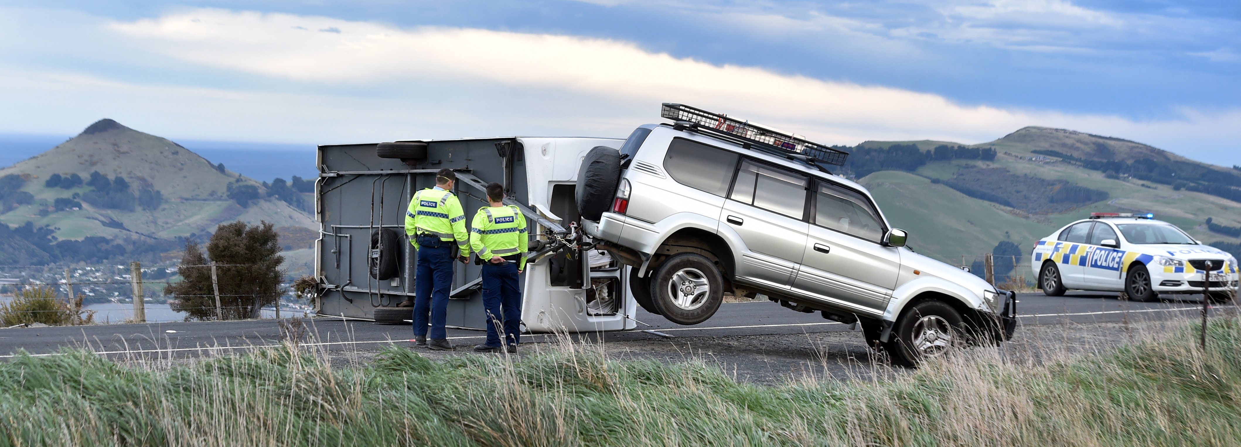 Strong winds blew a caravan over on Mt Cargill Rd yesterday. Photo: Peter McIntosh