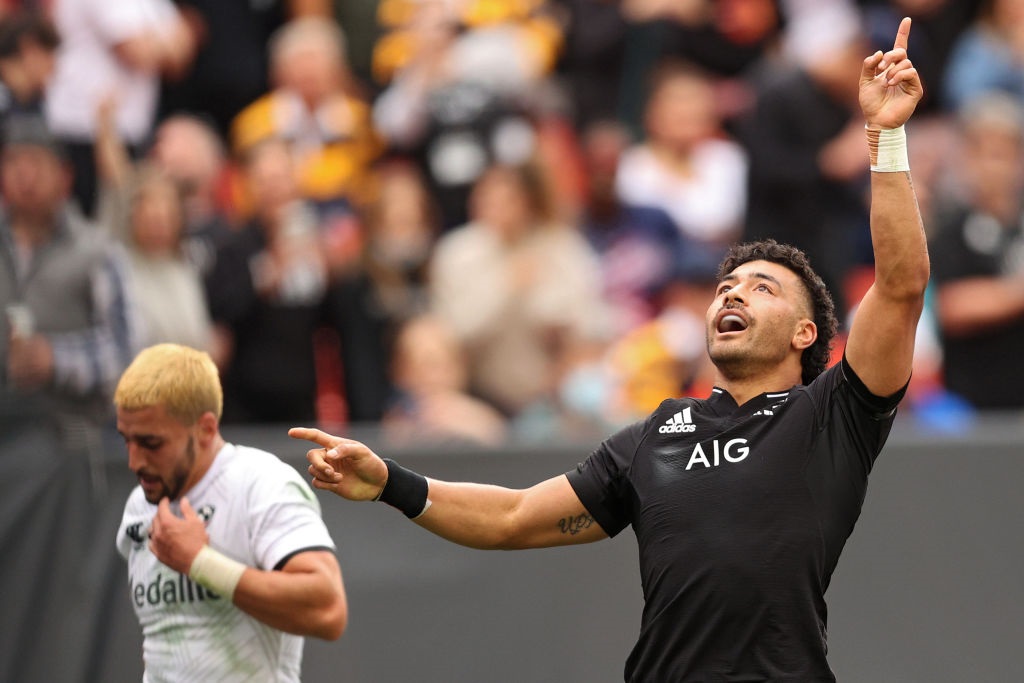 Richie Mo'unga celebrates his try against the USA Eagles during the match in Landover, Maryland...