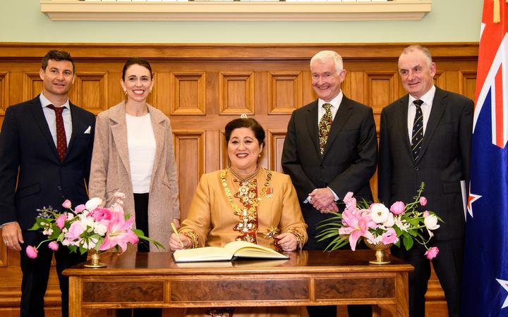 Prime Minister Jacinda Ardern (second left) with partner Clarke Gayford, Governor-General Dame...