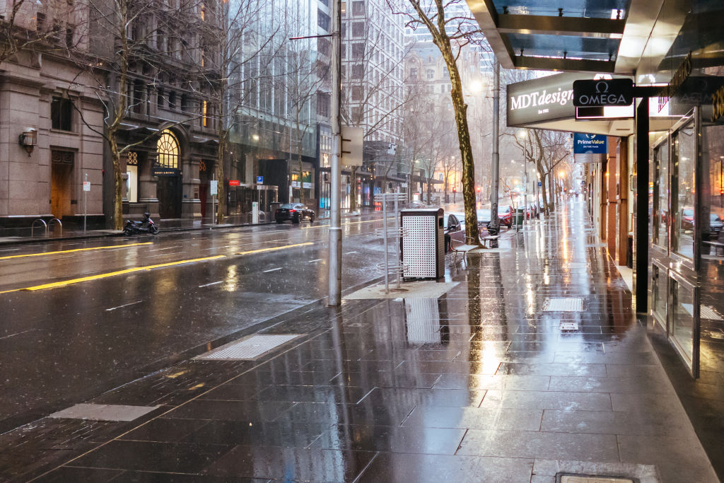 Melbourne is still under lockdown with central city streets empty of people. Photo: Getty Images