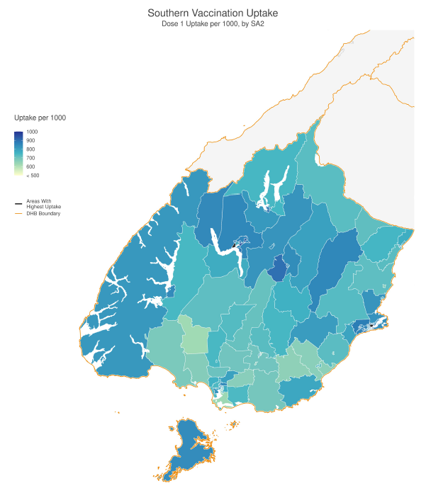 Uptake of first doses per 1000 people across the Southern District Health Board area. Image:...