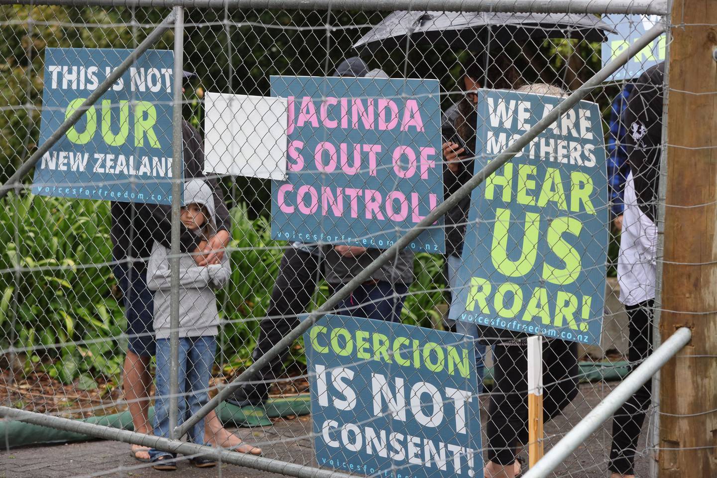 Protesters gather ahead of Jacinda Ardern's Waikato visit. Photo: NZ Herald