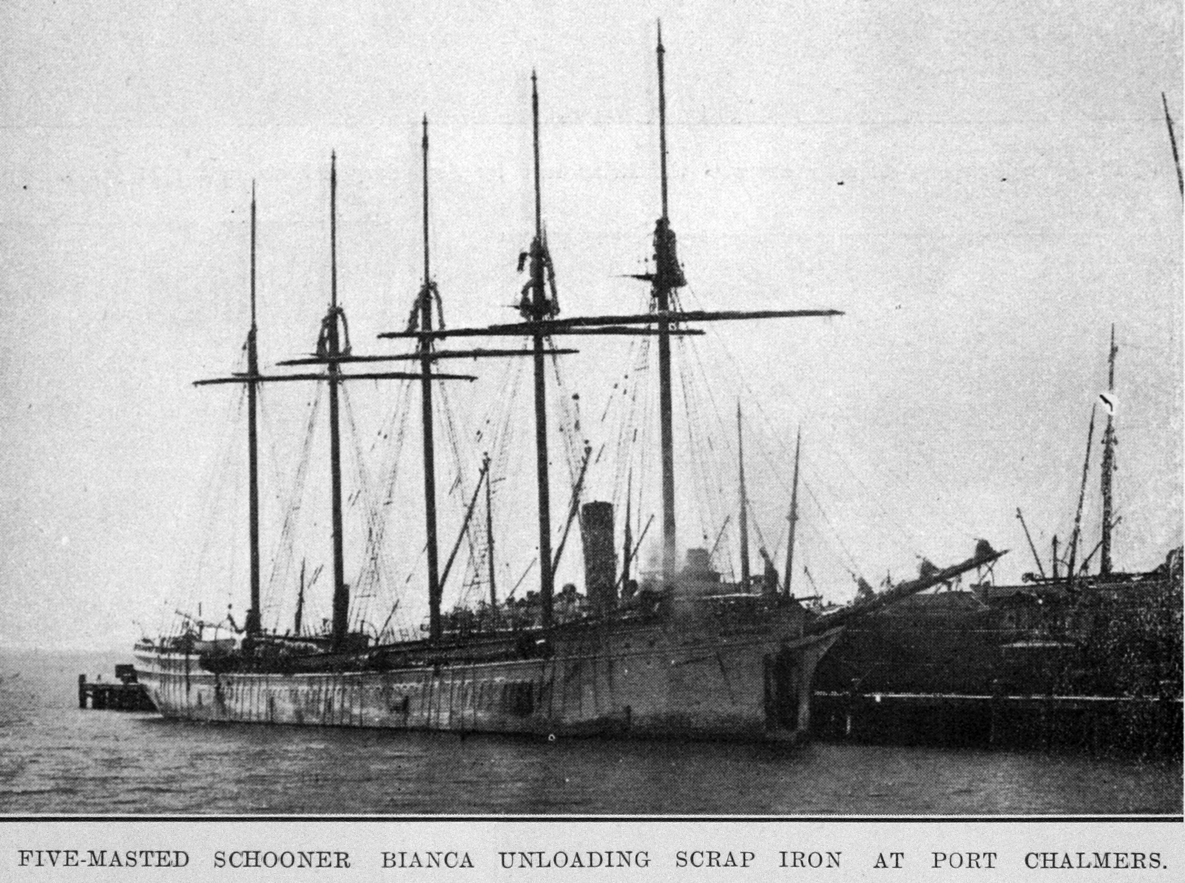 Five-masted schooner Bianca unloads scrap iron at Port Chalmers. — Otago Witness, 6.12.1921