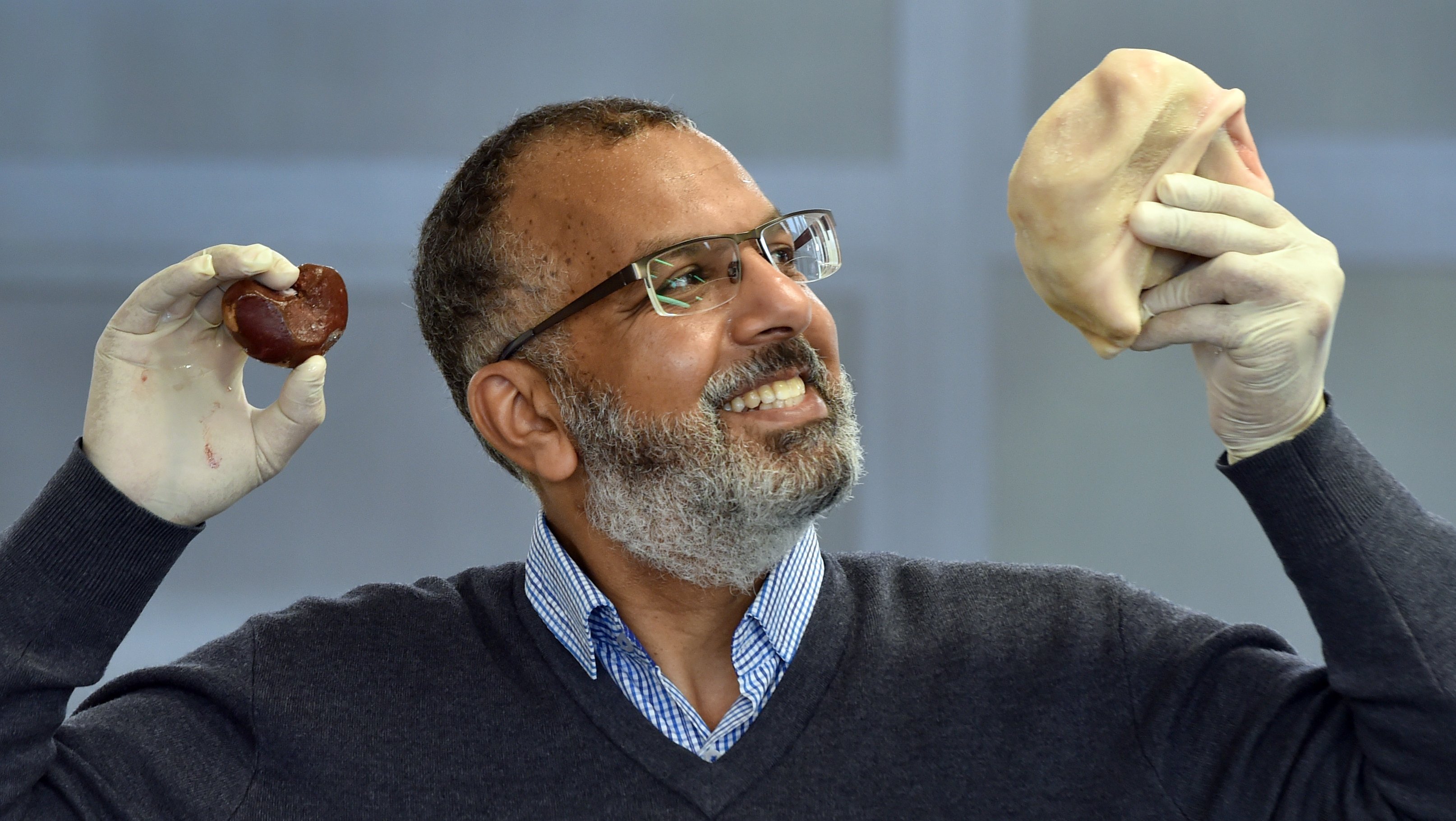Associate Prof Aladin Bekhit, from the University of Otago, holds a lamb kidney and tripe which...