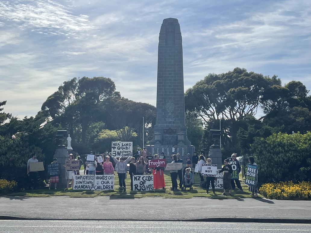 Protesters gathered at the Invercargill War Memorial this morning. Photo: Luisa Girao 