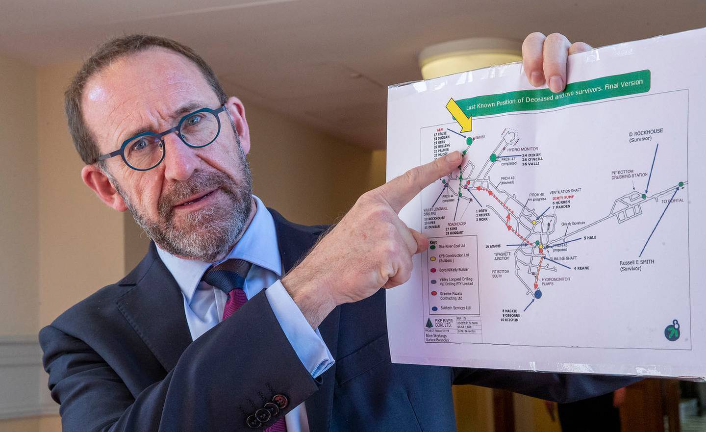 Pike River Re-entry Minister Andrew Little indicates where the miner remains were discovered on a...