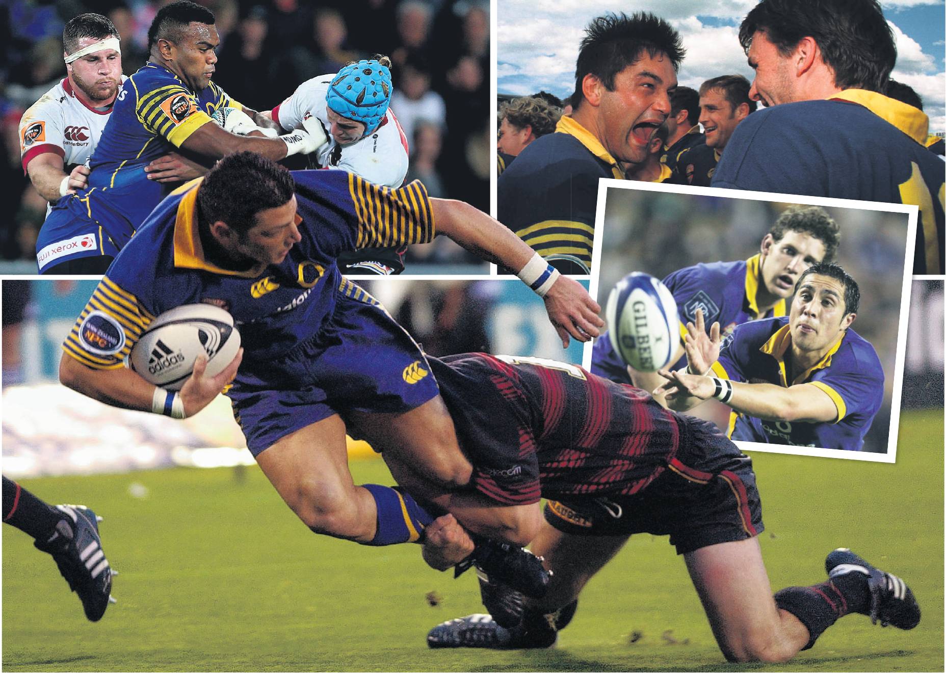 Otago halfback Byron Kelleher is clipped by Canterbury fullback Leon MacDonald during the 2001 NPC final. Inset (clockwise from top left): Otago flanker Naulia Dawai tries to break the North Harbour defence in 2016; Otago greats Taine Randell (left) and J