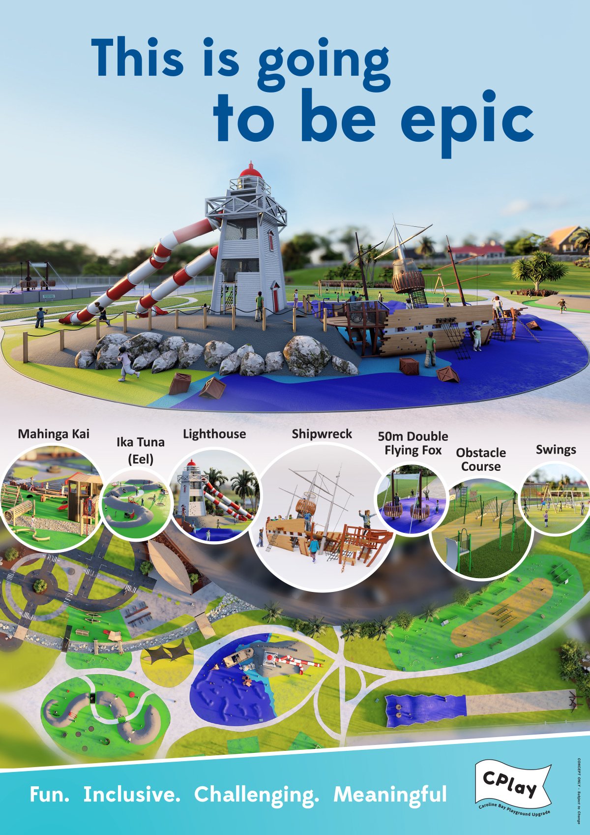 Updated images of the planned Caroline Bay Playground show the range of activities envisaged....