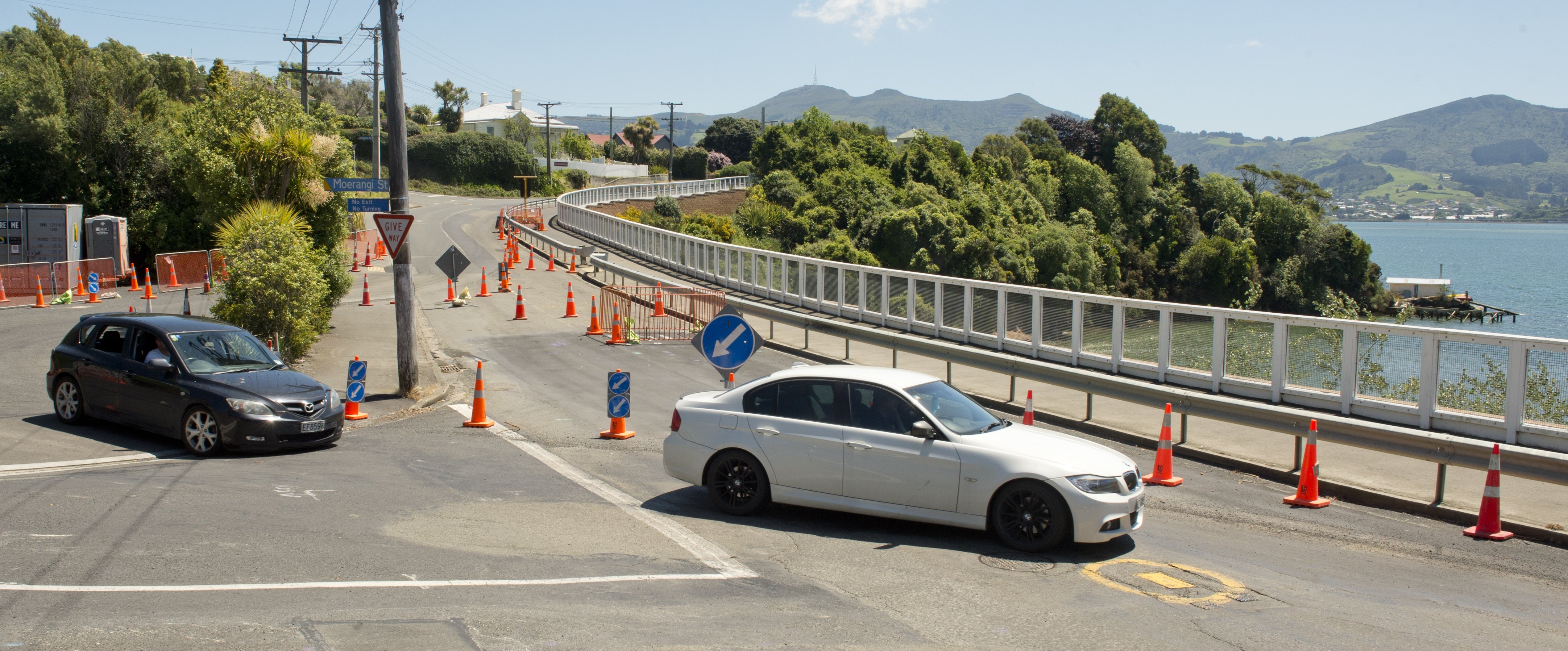 Traffic is detoured around a sinkhole that has opened up in Portobello Rd at Turnbulls Bay on...