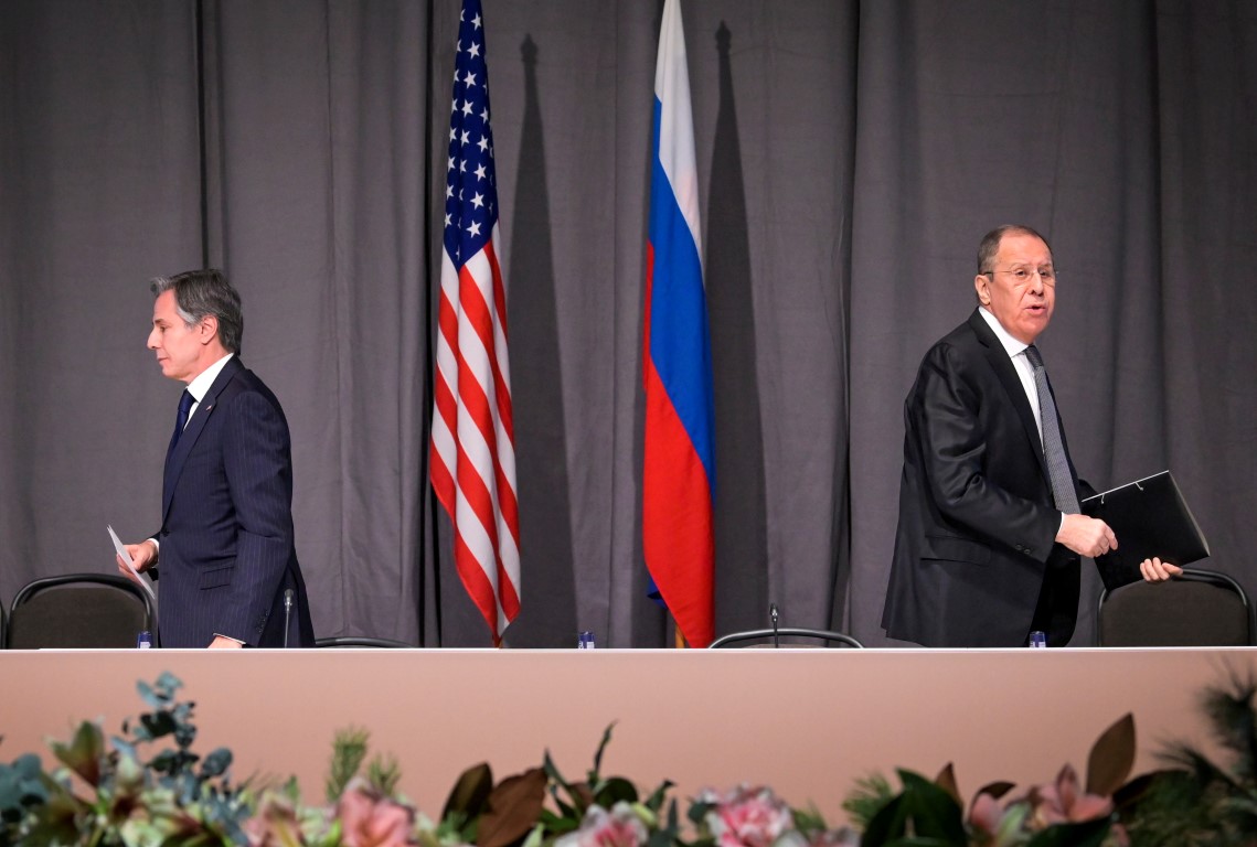 US Secretary of State Antony Blinken (L) and Russian Foreign Minister Sergei Lavrov during a...