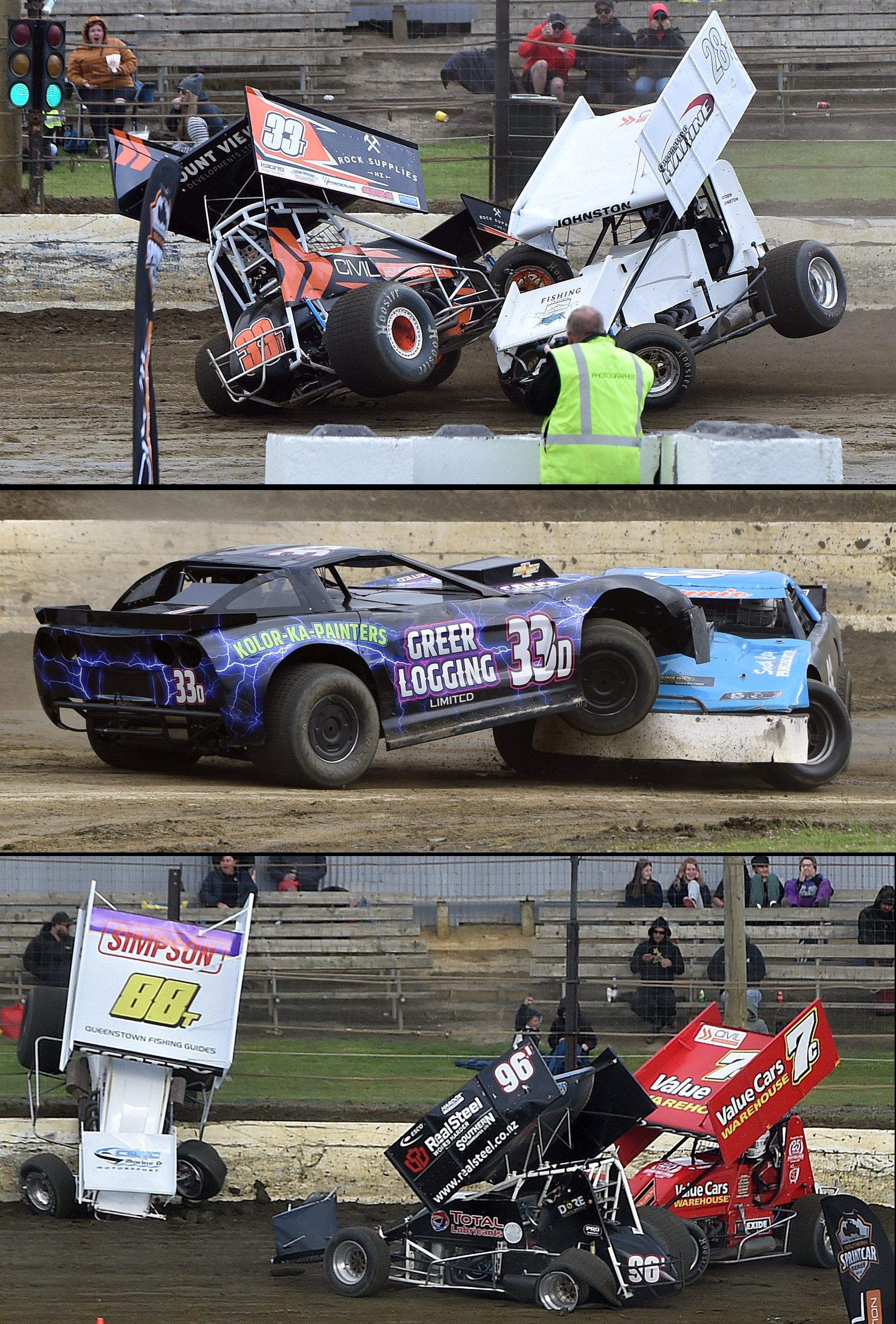 Coming to rest following spectacular crashes at Beachlands Speedway on Saturday night are (top,...