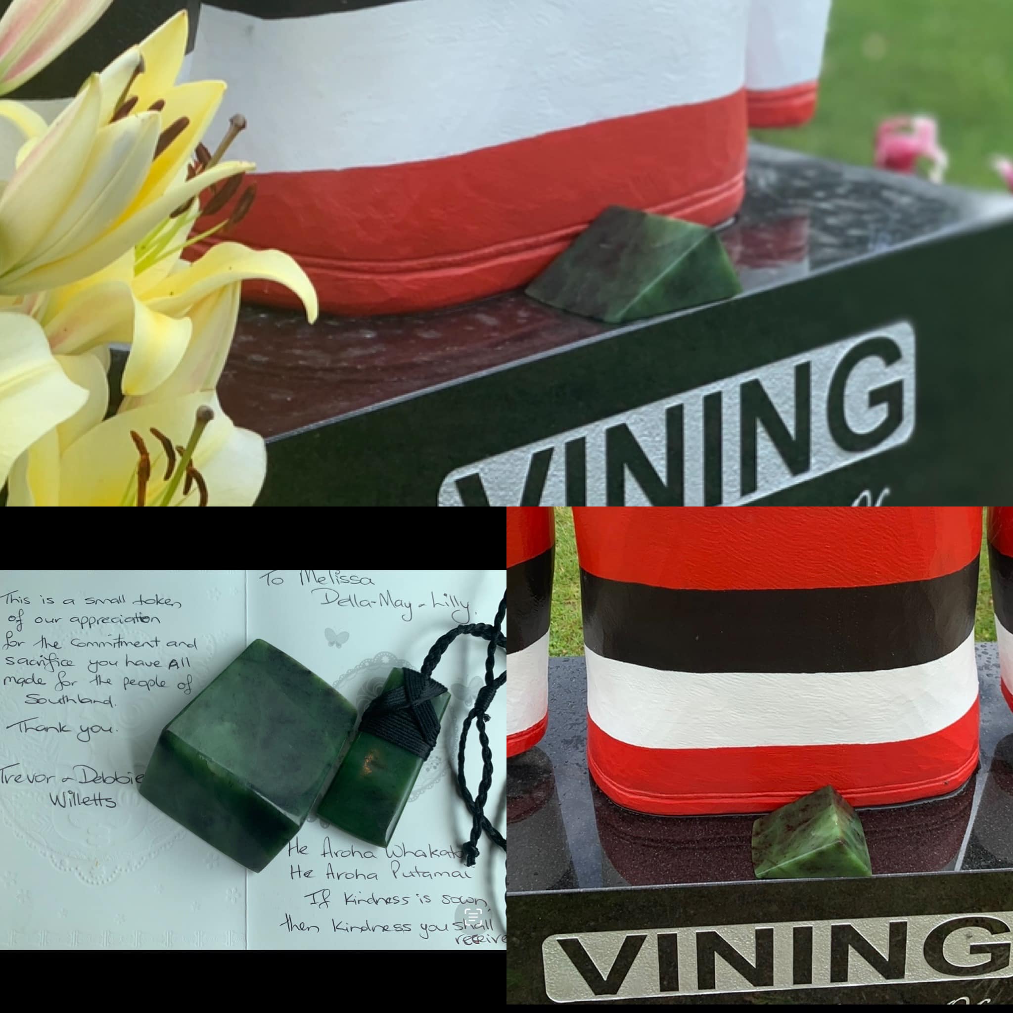 The missing pounamu from cancer campaigner Blair Vining's grave. Photos: Supplied 