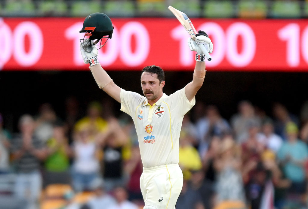 Travis Head celebrates reaching his century against England. Photo: Getty