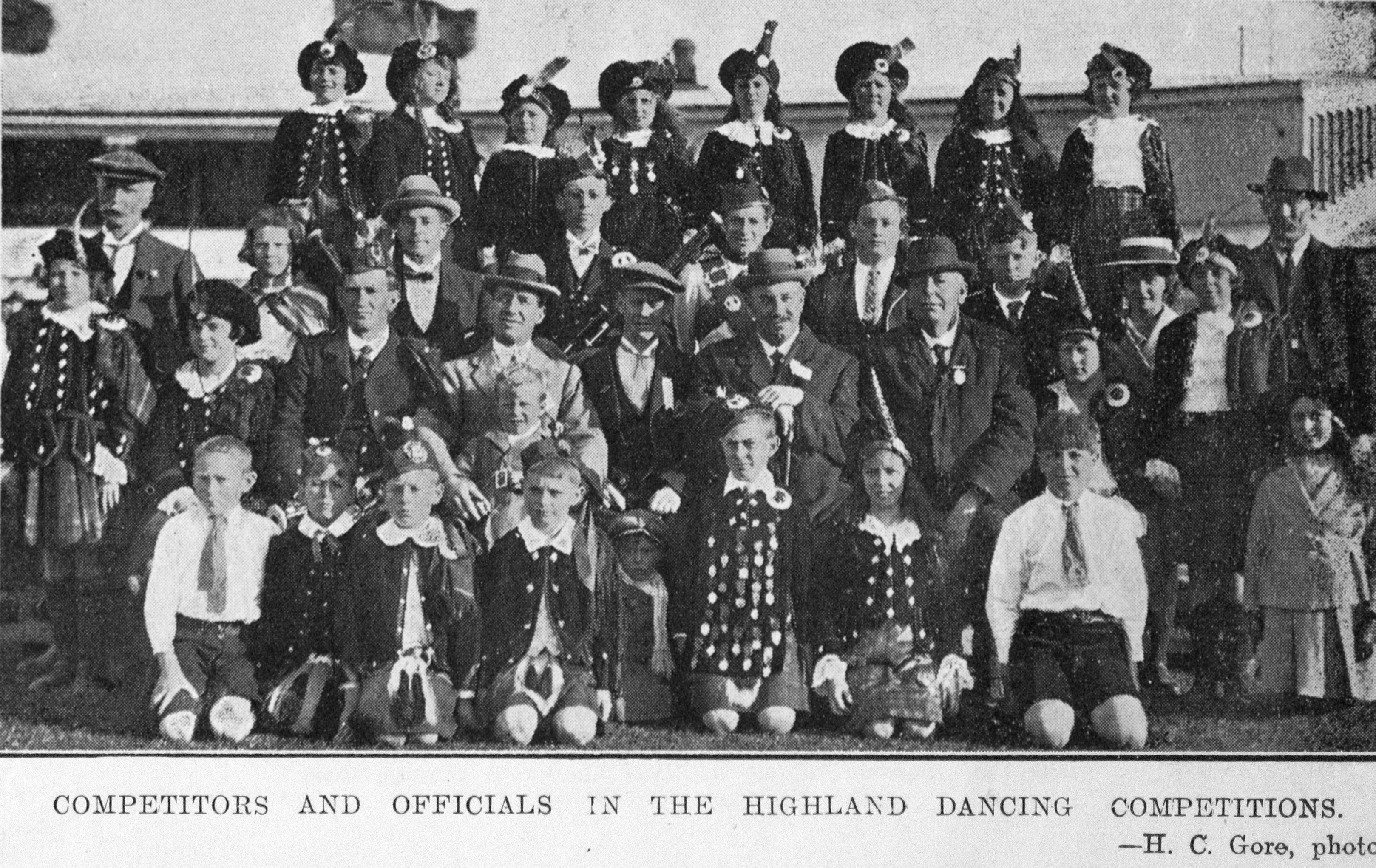 Competitors and officials in the Highland dancing competitions at the Caledonian Society annual...