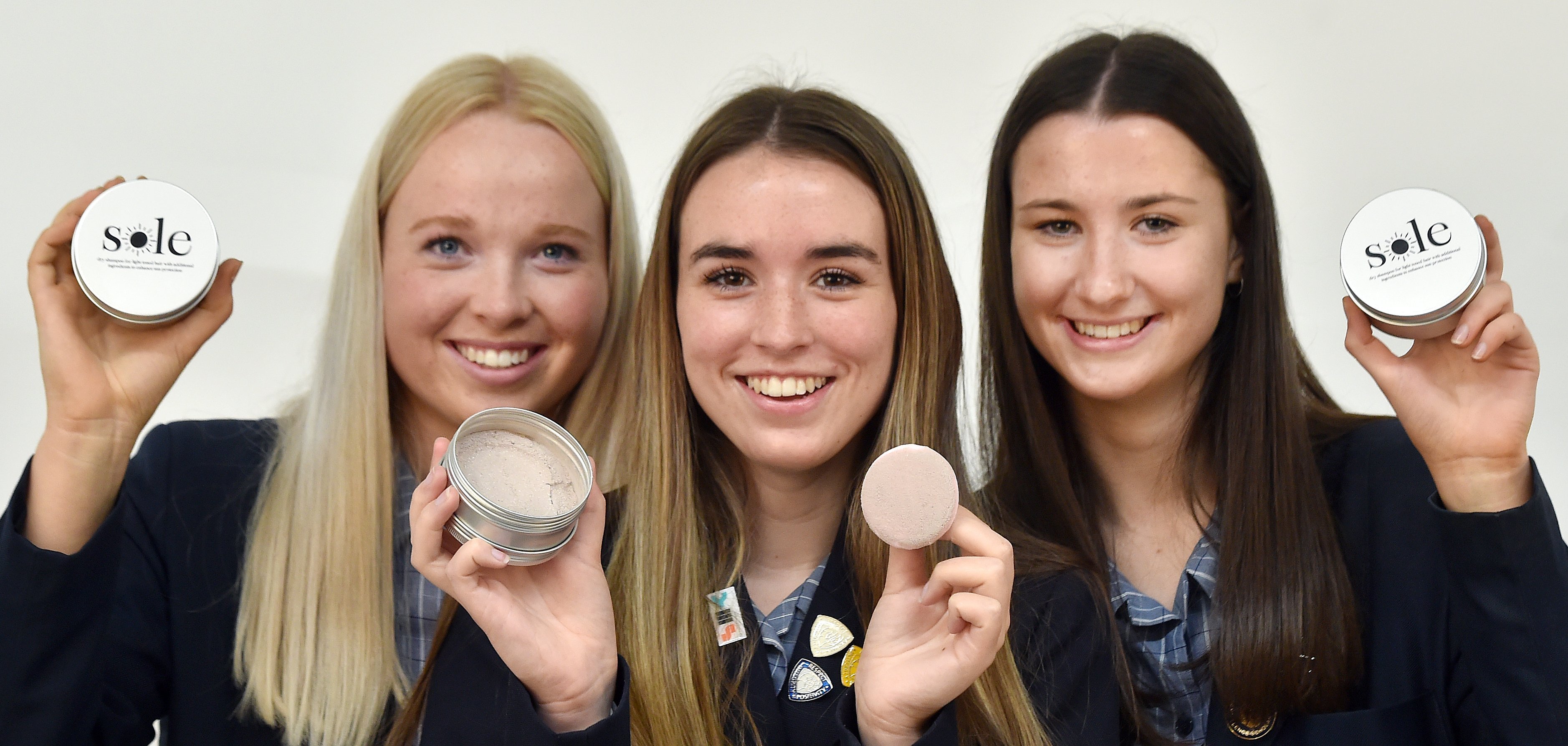 Sole Hair Care founders (from left) Morgan Passey (16), Elsha Bulmer (17) and Jenna Willis (17)...