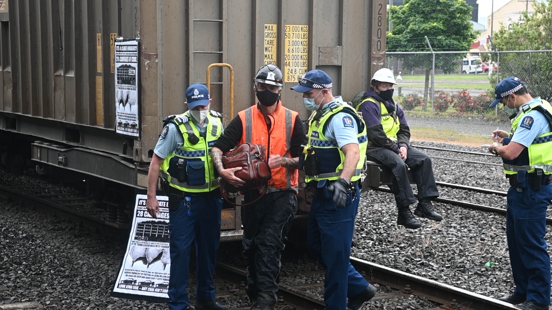 Extinction Rebellion protester Bruce Mahalski is arrested at the Dunedin Railway Station on...