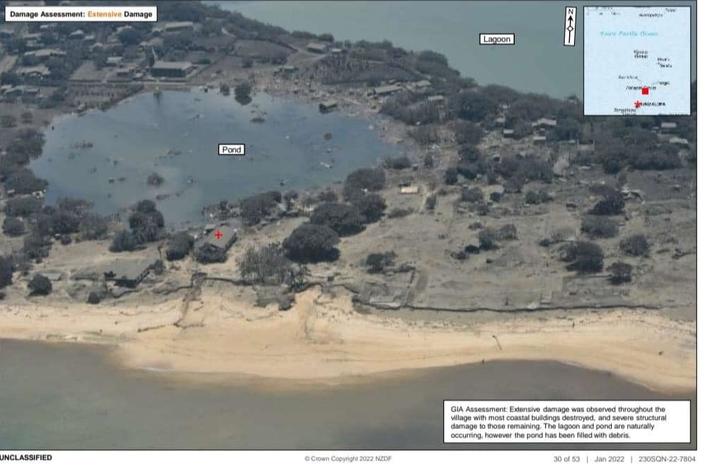 Nomuka Island in Ha'apai, Tonga, as seen from an NZDF P-3 Orion reconnaisance flight after the...