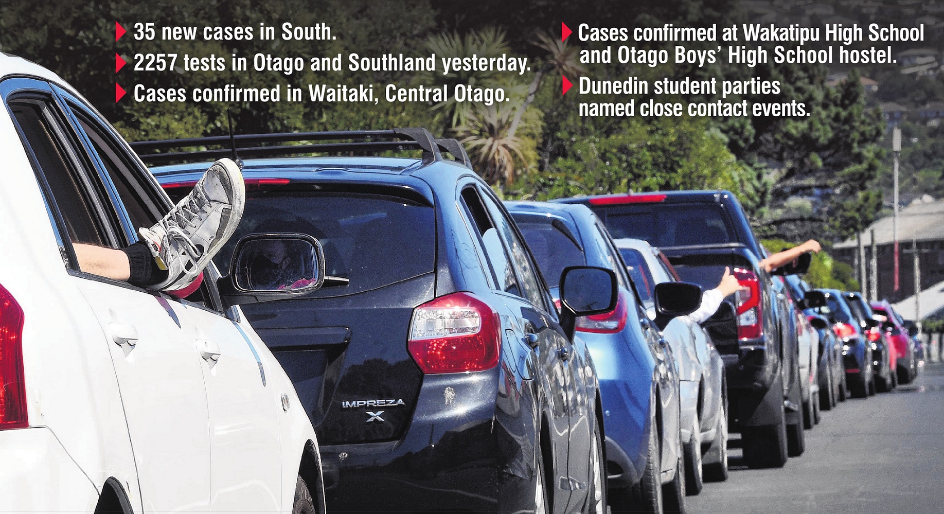 Cars queue along Victoria Rd in Dunedin yesterday as occupants wait to receive Covid-19 tests....