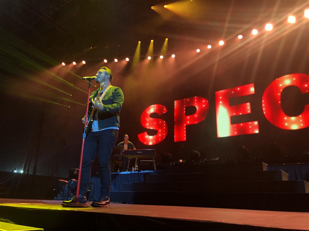 Frontman Matiu Walters with Six60 on stage at Forsyth Barr Stadium. Photo: Craig Baxter