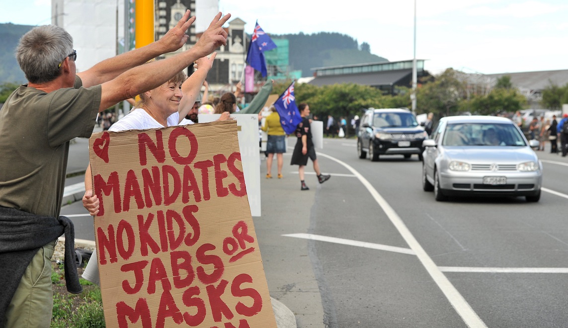 Protesters make their feelings known at a gathering near Toitū Otago Settlers Museum in Dunedin...