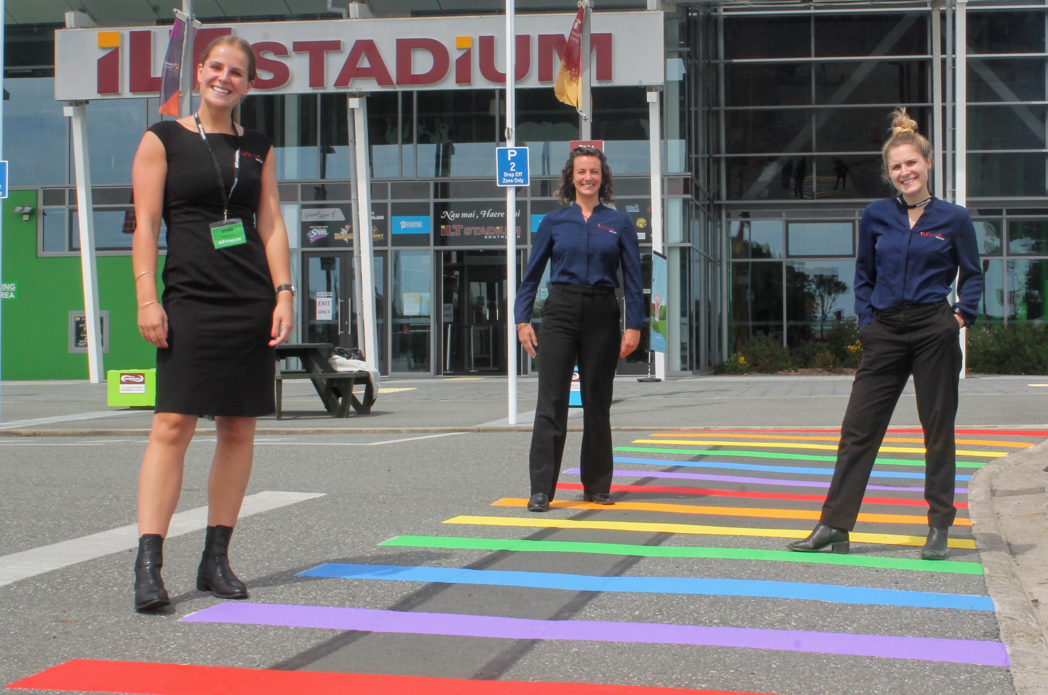 ILT Stadium Southland managers (from left) Jordan Skelt, Joz Shepard and Lilly Griffin stand on...