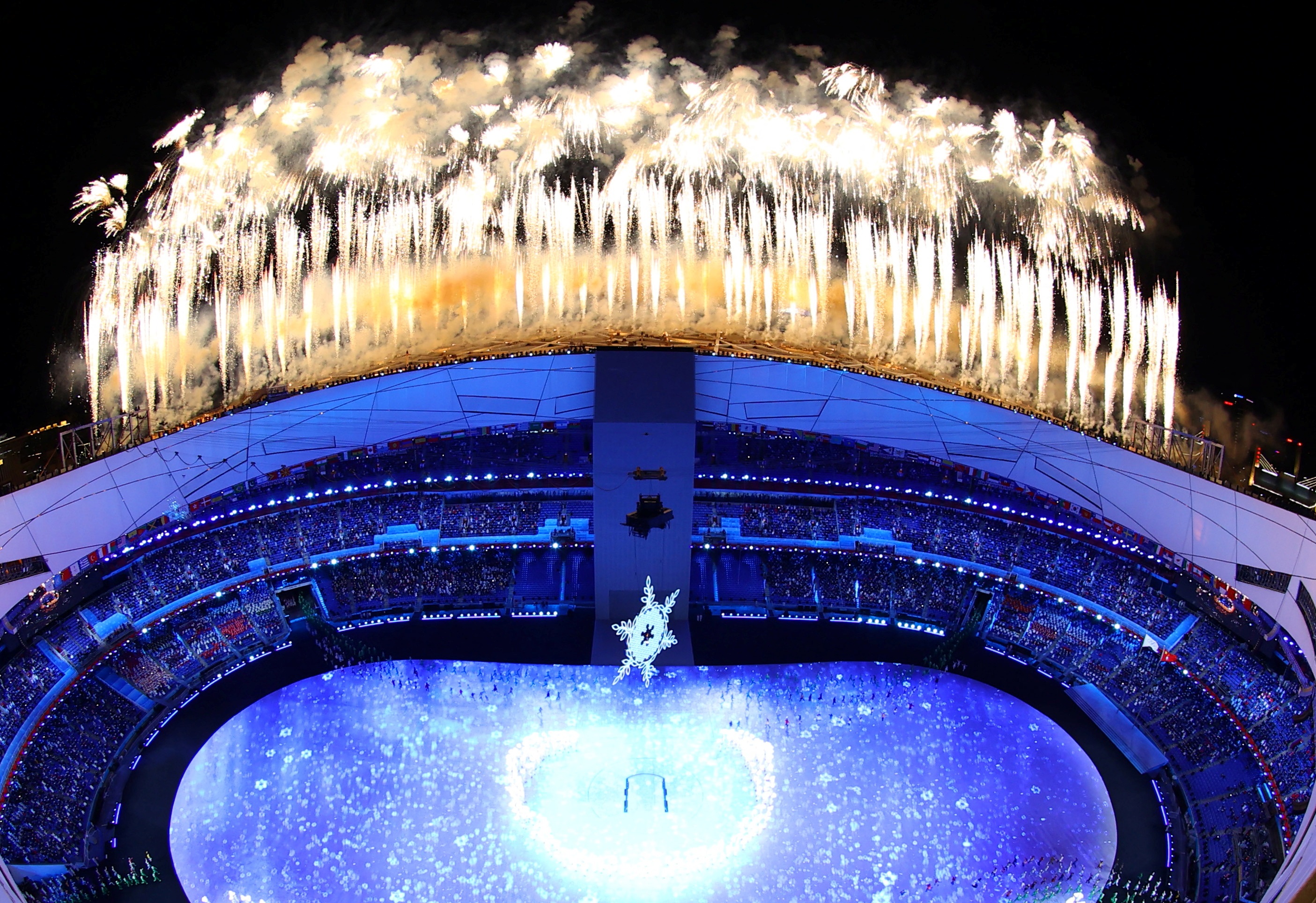 The Olympic cauldron and fireworks during the opening ceremony in Beijing. Photo: Reuters 