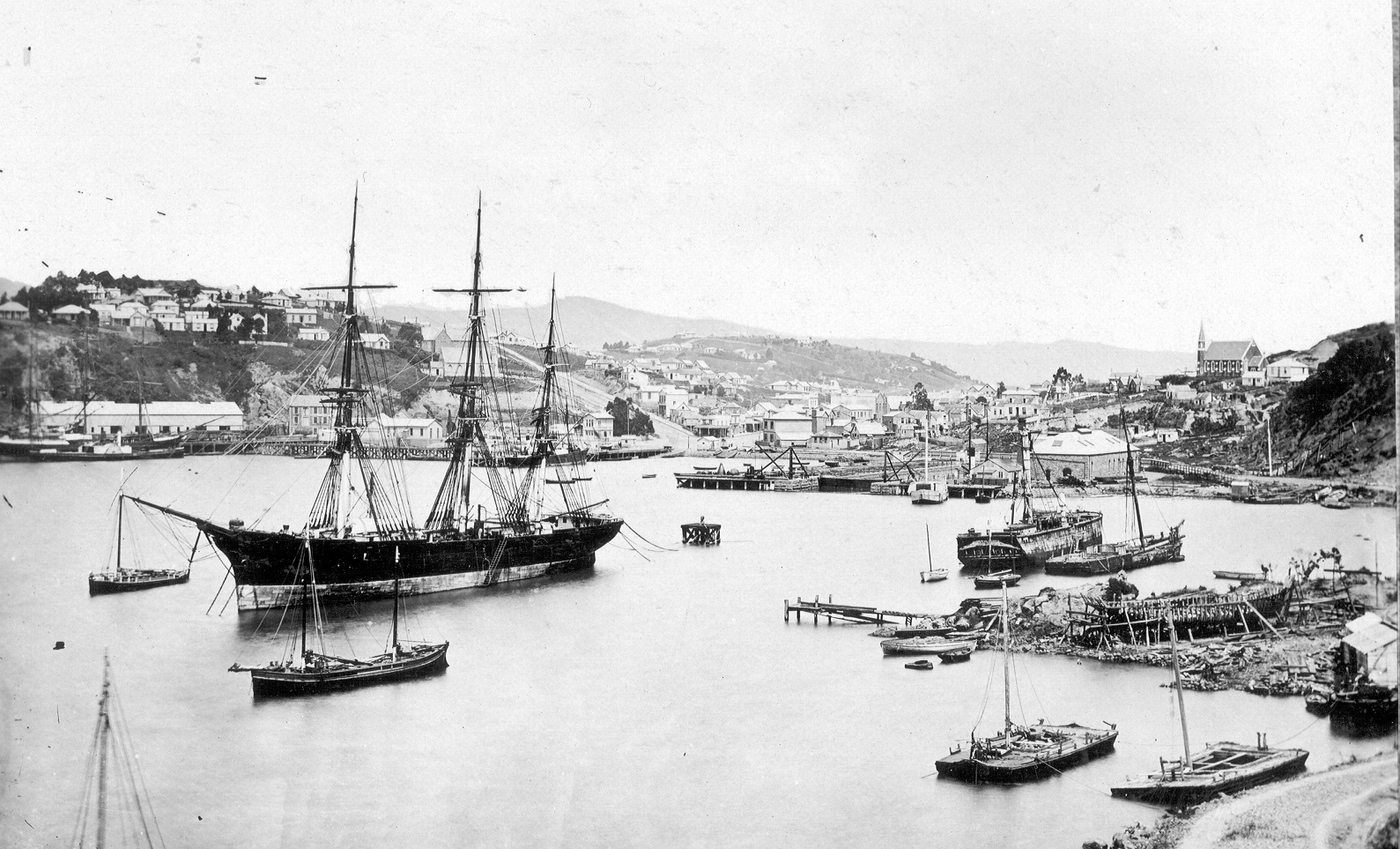 Don Juan at anchor in Port Chalmers about 1875, before being broken up and left to rot at Deborah...