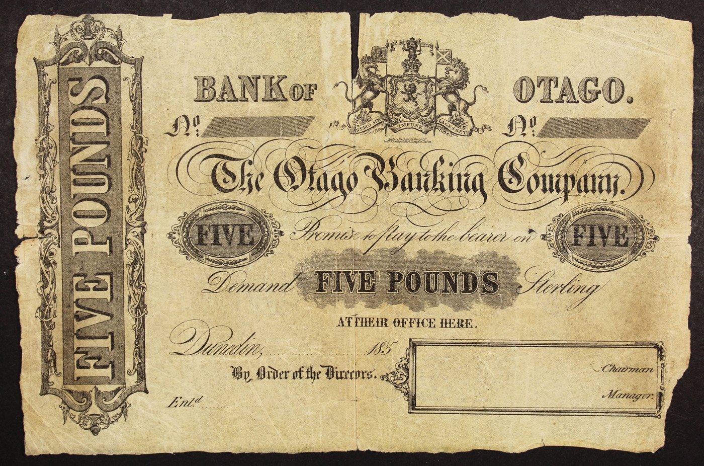 An Otago Banking Company’s five pound note which never went into circulation. PHOTO: SUPPLIED