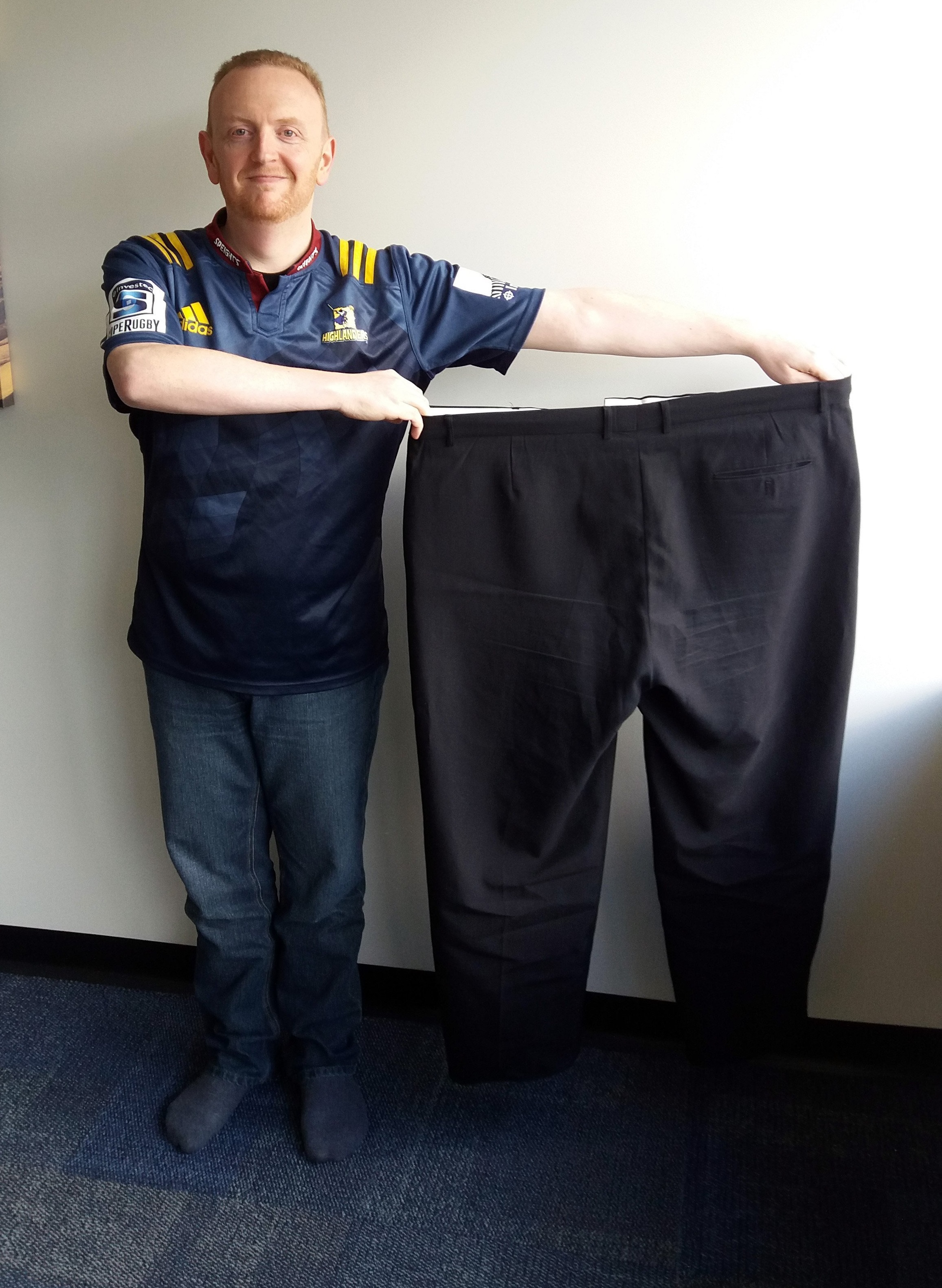 Brendan Reid and an old pair of trousers. PHOTO: SUPPLIED