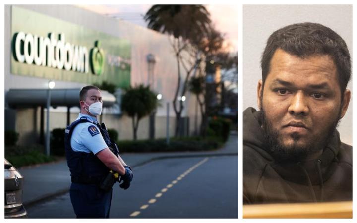 On the left is the Countdown supermarket where Ahamed Samsudeen injured eight people before he was fatally shot by police last September. Photo: 2021 Getty Images / NZ Herald / Greg Bowker