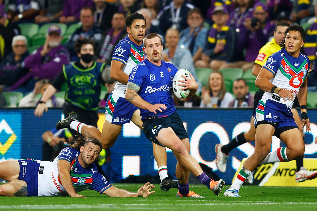 Cameron Munster of the Storm makes a break during the round seven NRL match against the Warriors...