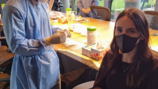 Prime Minister Jacinda Ardern having a PCR test last night after arriving in Singapore. Photo: PMO