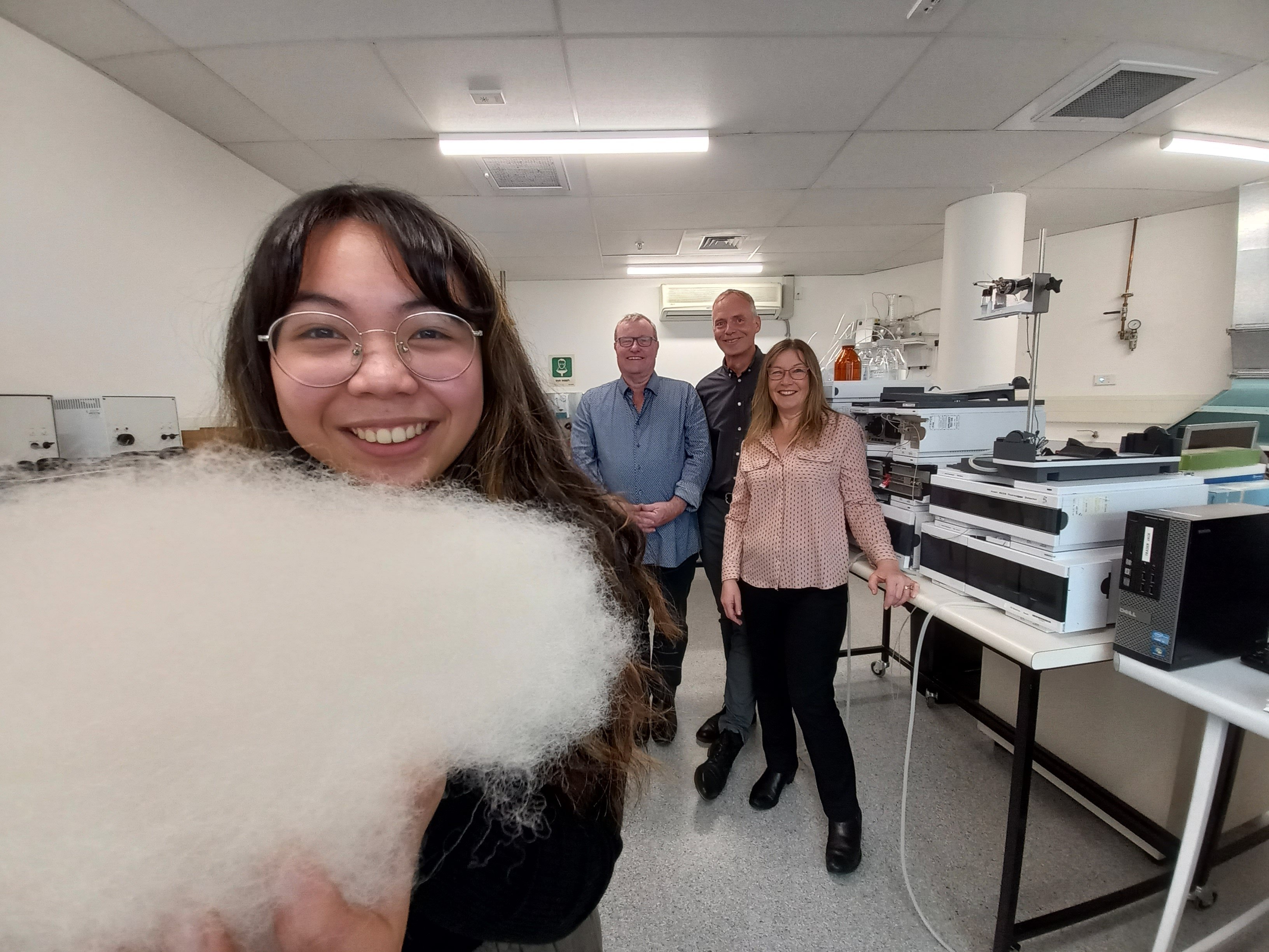 University of Otago food science student Martha Thay holds a sample of wool being used in a...