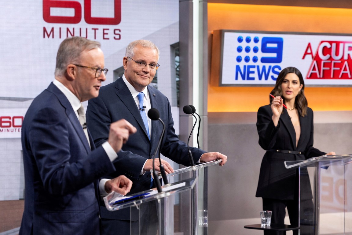 Australian Prime Minister Scott Morrison (R) and Opposition Leader Anthony Albanese during the second leaders' debate at the Nine studio in Sydney. Photo: Reuters