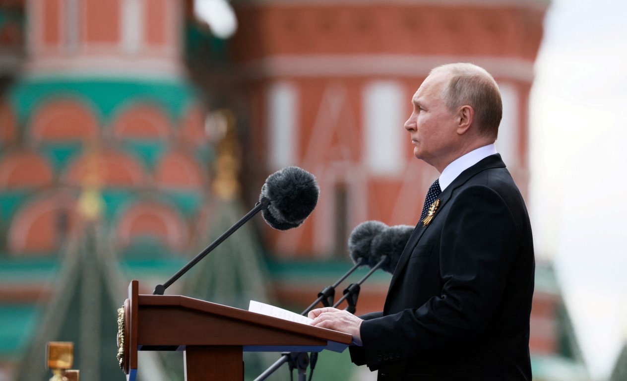 Russian President Vladimir Putin delivers a speech during a military parade on Victory Day in Red...