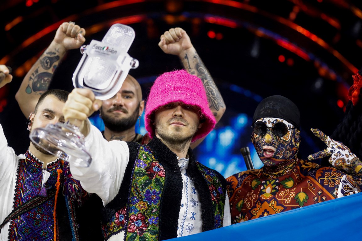 Kalush Orchestra from Ukraine pose after winning the 2022 Eurovision Song Contest in Turin, Italy...